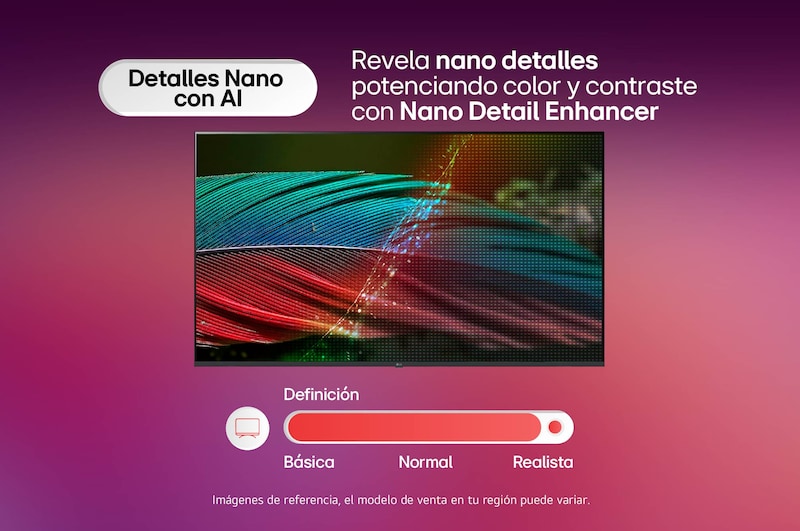 LG NANO 4K UHD AI NU85 permite la superampliación 4K con mapeo dinámico de tonos, mostrando un retrato en primer plano con flores mientras la IA refina cada marco para mejorar la textura de la piel, los detalles finos y el color natural hasta una resolución 4K.